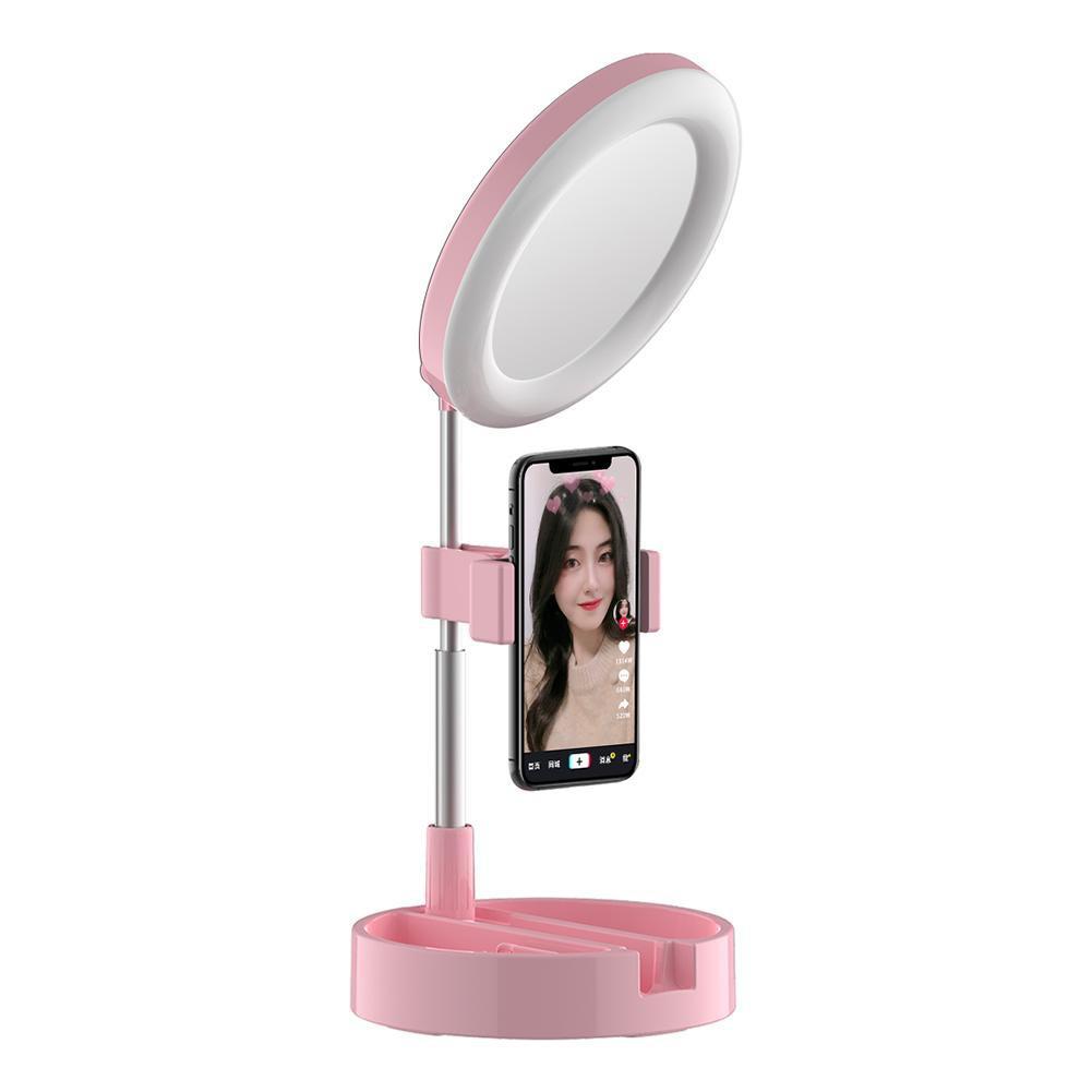 LED Makeup Mirror with Phone Holder – Pink Vanity Mirror & Selfie Ring Light for Beauty & Videos