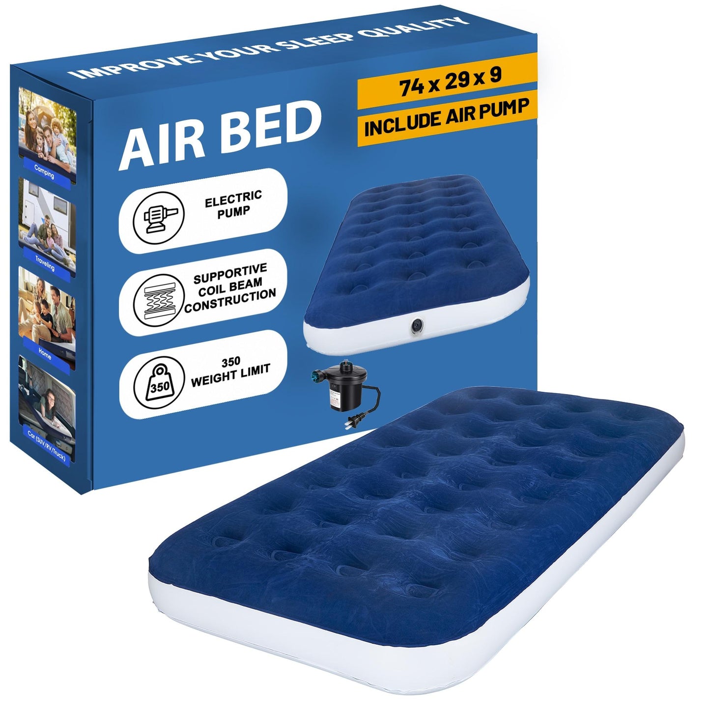 Inflatable Air Mattress 30 × 75 × 10 Inch – Portable Single Air Bed for Home, Guests & Travel