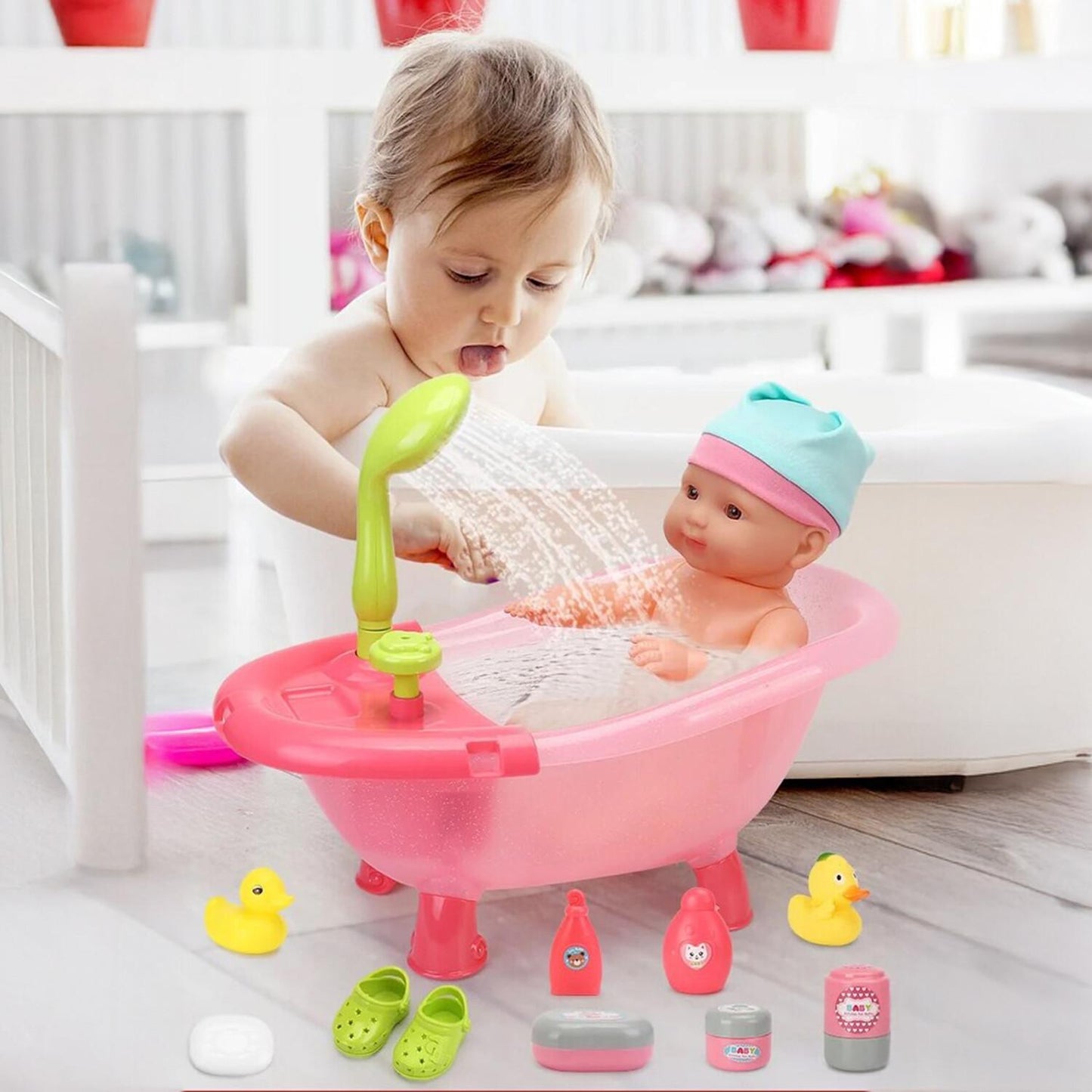 Baby Doll Bath Set with Bathtub & Accessories – Pretend Play Care Toy for Kids