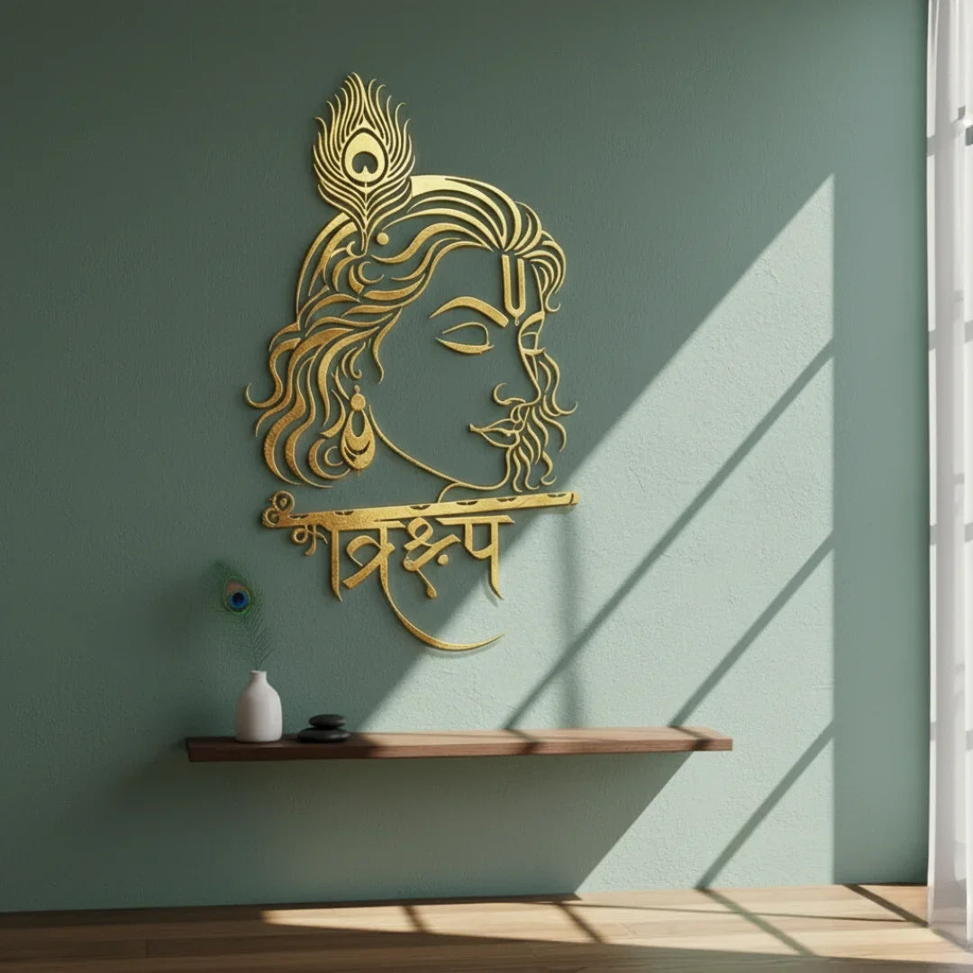 Lord Krishna Portrait Calligraphy Acrylic Art - Divine Love & Joy