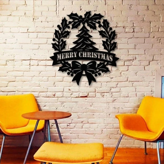 "Merry Christmas" Holly Wreath & Tree Acrylic Wall Art | Festive Decor