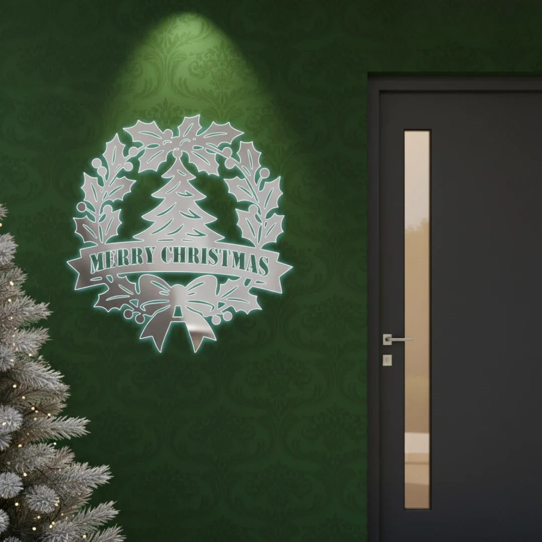 "Merry Christmas" Holly Wreath & Tree Acrylic Wall Art | Festive Decor
