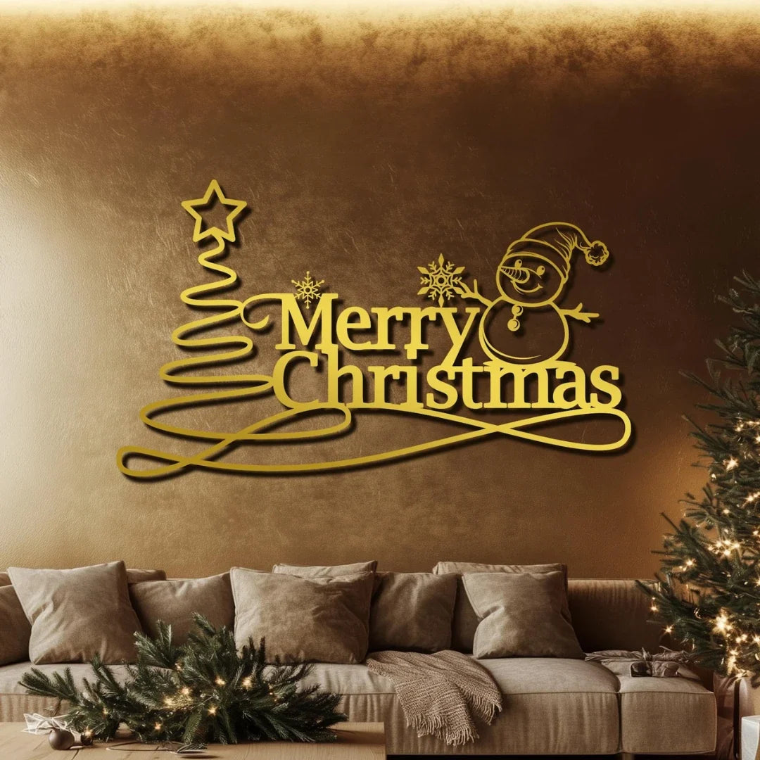 "Merry Christmas" Snowman & Swirl Tree Acrylic Wall Art | Whimsical Holiday Decor