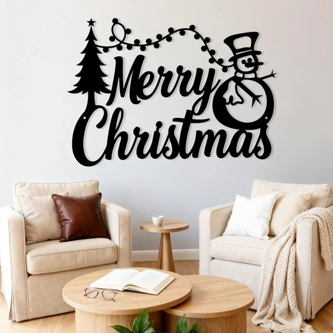 "Merry Christmas" Snowman & Tree Acrylic Wall Decor | Festive Holiday Art