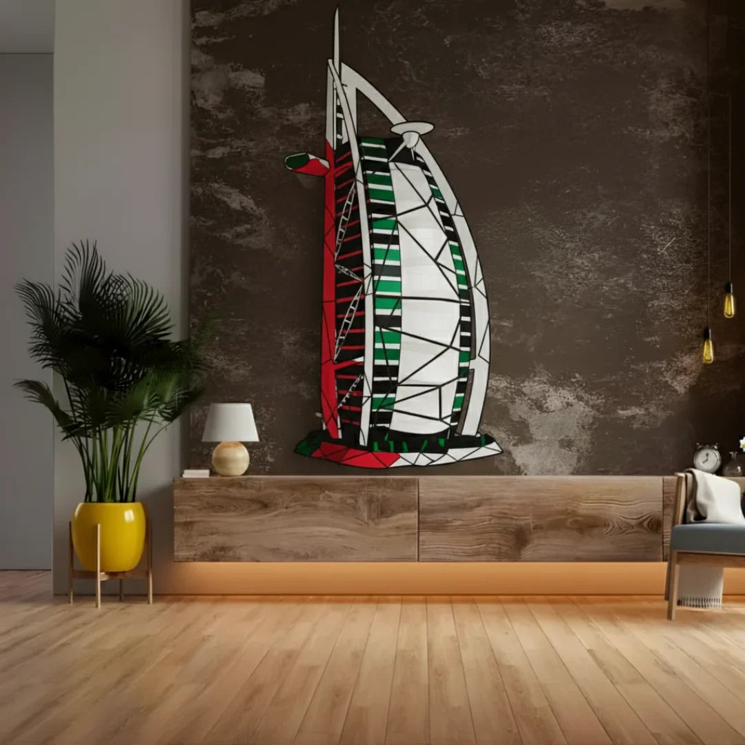 Geometric Burj Al Arab UAE Flag Acrylic Wall Art - Office Decor