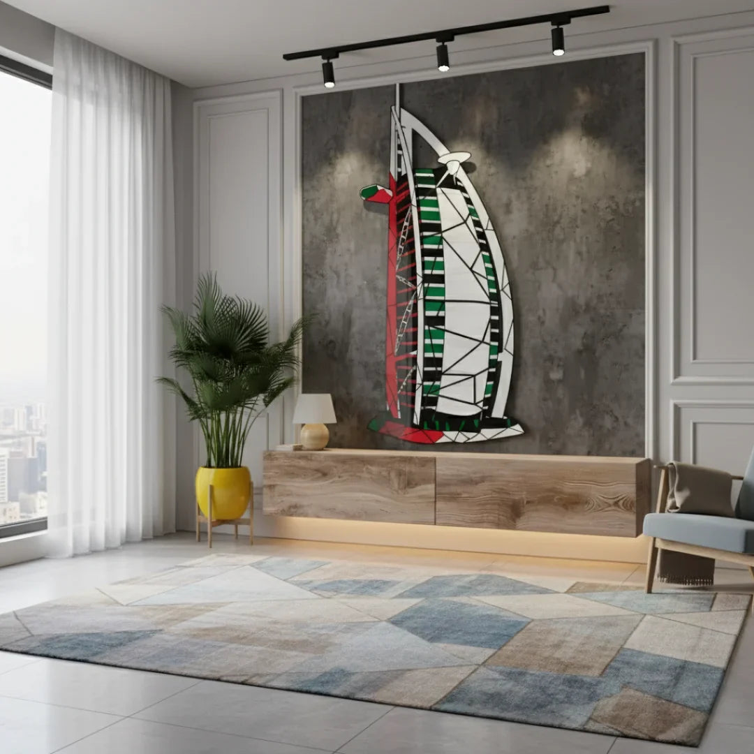 Geometric Burj Al Arab UAE Flag Acrylic Wall Art - Office Decor