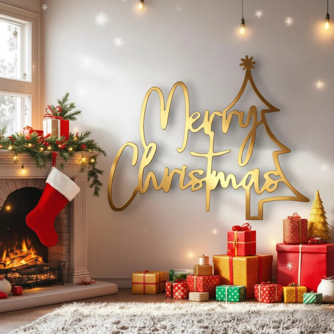 Whimsical Acrylic Intertwined "Merry Christmas" Tree Wall Art