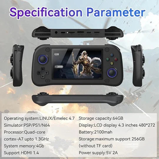 G28 Retro Handheld Game Console, 4.3-Inch HD Screen, 64GB Card, Multi-Emulator