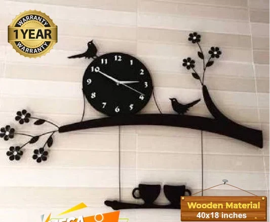 Large wooden hanging cups with tree branch clock