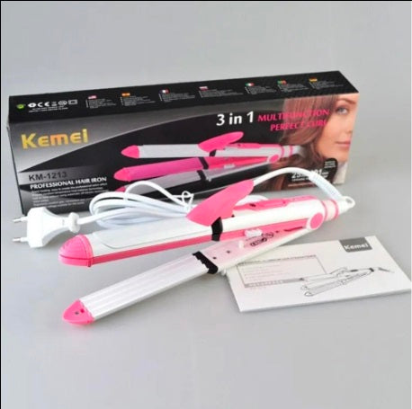 Kemei KM-1213 3-in-1 Hair Styler – Straightener, Curler & Hair Waver
